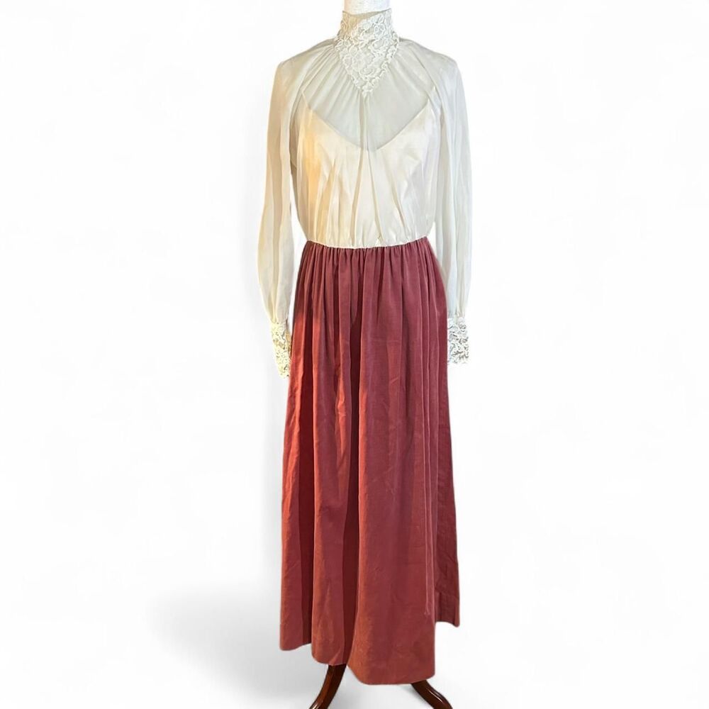 70s Victorian Revival Silk, Suede, and Lace Prairie Dress